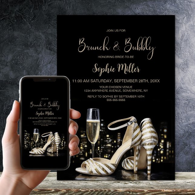Gold Striped Stiletto Shoes Brunch and Bubbly Invitation (Creator Uploaded)