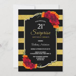 Gold Striped Surprise 21st Birthday Dinner Invitation