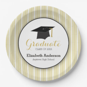 Gold Stripes and Hat Personalised Graduation Paper Plate