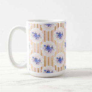 GOLD STRIPES AND TINY BLUE WATERCOLOR FLOWERS COFFEE MUG