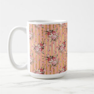 GOLD STRIPES AND TINY PEACH WATERCOLOR FLOWERS COFFEE MUG