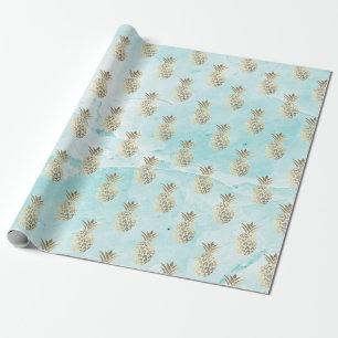 gold stripes aqua marble pineapple gold wrapping paper