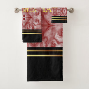 Gold Stripes Black And Burgundy Marble Geometric Bath Towel Set