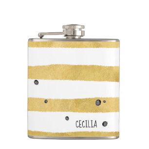 Gold Stripes & Black Dots Monogram Pattern Flask