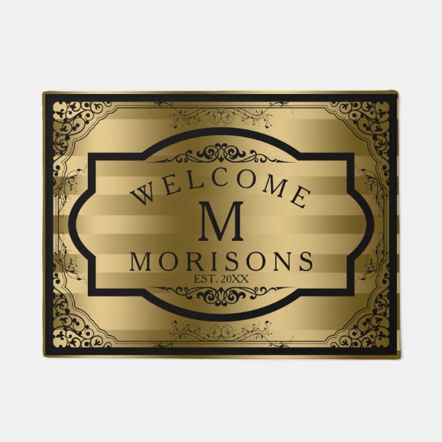 Gold Stripes Black Vintage Swirls Frame Doormat (Front)