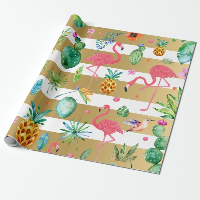 Gold Stripes & Colourful Tropical Pattern Wrapping Paper (Unrolled)