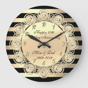 Gold Stripes,Diamonds 50th Wedding Anniversary Large Clock
