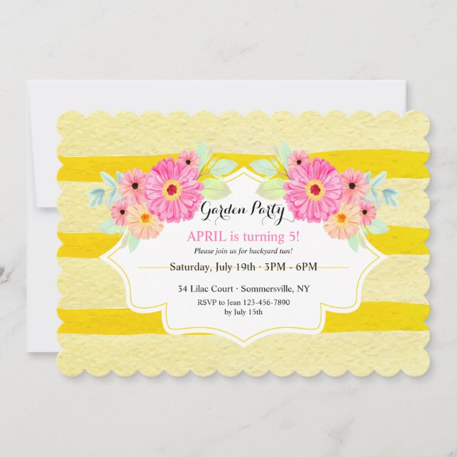 Gold Stripes Floral Birthday Invitation (Front)