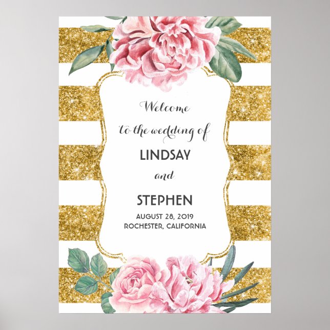 Gold Stripes Floral Pink White Wedding Welcome Poster (Front)