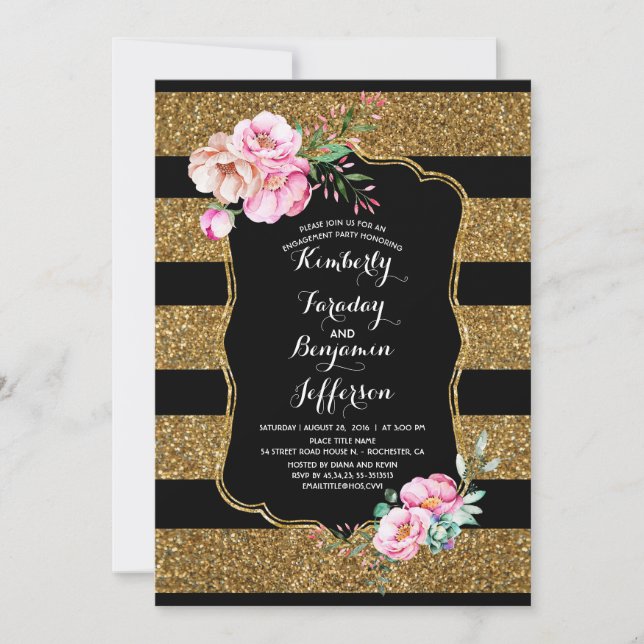 Gold Stripes Floral Vintage Engagement Party Invitation (Front)