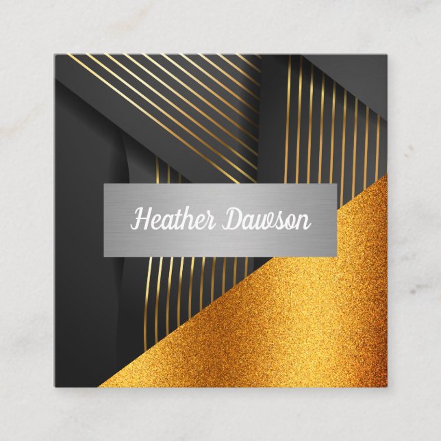 Gold Stripes | Gold Glitter Background Square Business Card (Front)
