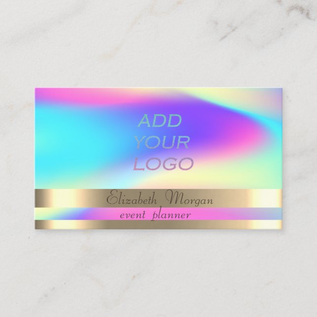 Gold Stripes Ombre Holographic Add Your Logo Business Card (Front)