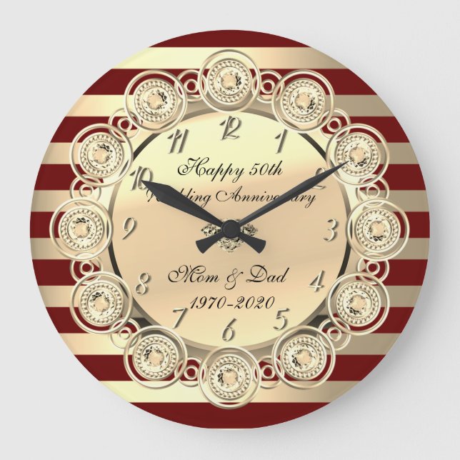 Gold Stripes,Red Diamonds 50th Wedding Anniversary Large Clock (Front)