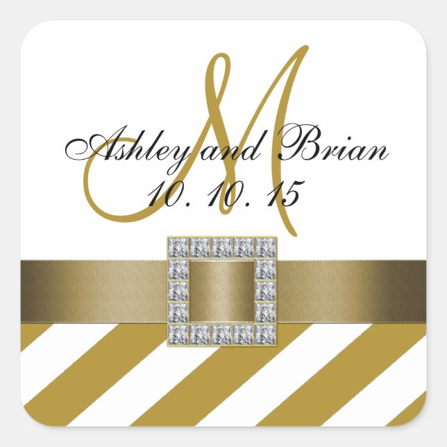 Gold Stripes Ribbon Monogram Wedding Favour Label (Front)