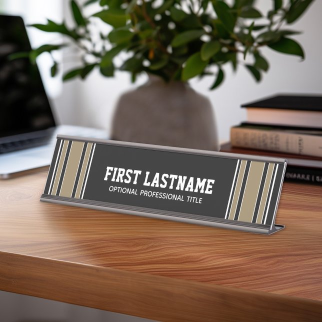Gold Stripes Sports Jersey Name - Can EDIT Black Desk Name Plate (Personalized Sports Theme Desk Name Plate - Great Coach Appreciation Gift or Locker room Decor)