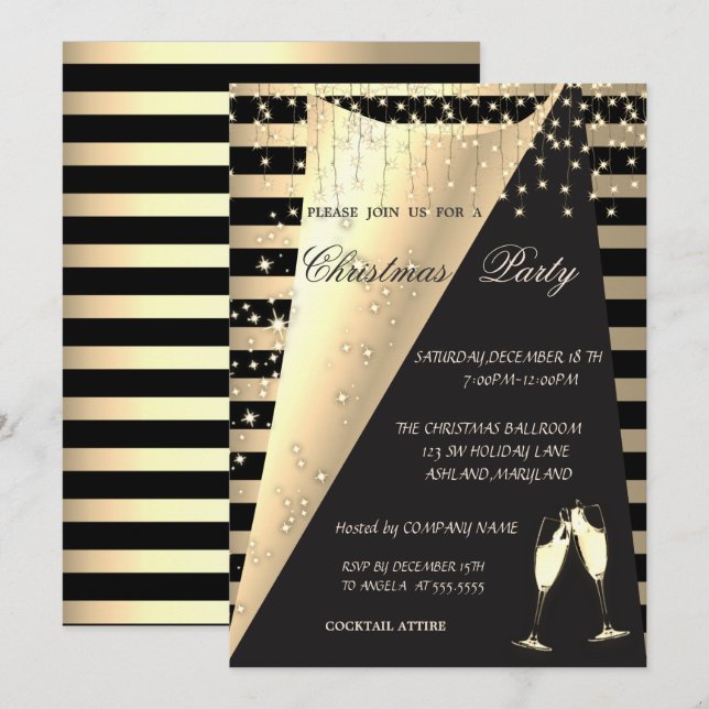 Gold Stripes, Stars Lights Company Christmas Party Invitation (Front/Back)