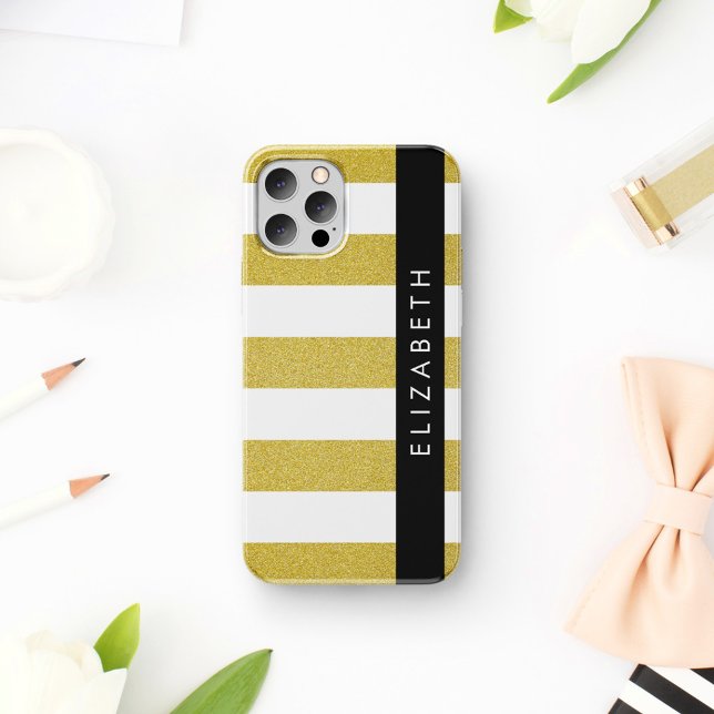 Gold Stripes, Striped Pattern, Lines, Your Name iPhone 16 Case (Creator Uploaded)