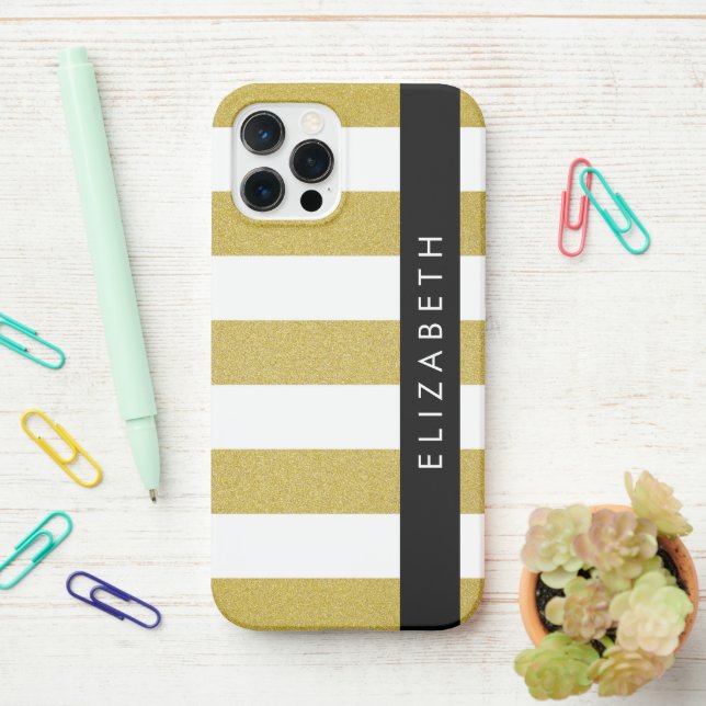 Gold Stripes, Striped Pattern, Lines, Your Name iPhone Case (On Desk)