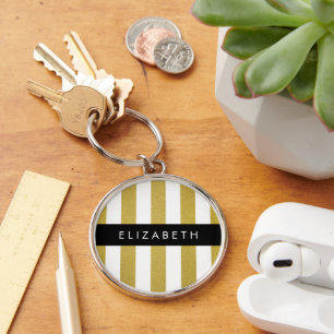 Gold Stripes, Striped Pattern, Lines, Your Name Key Ring