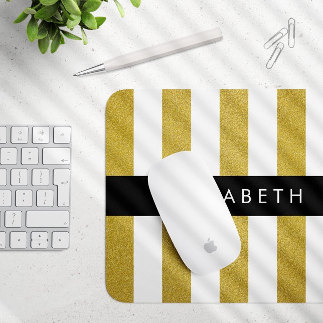 Gold Stripes, Striped Pattern, Lines, Your Name Mouse Mat (Creator Uploaded)