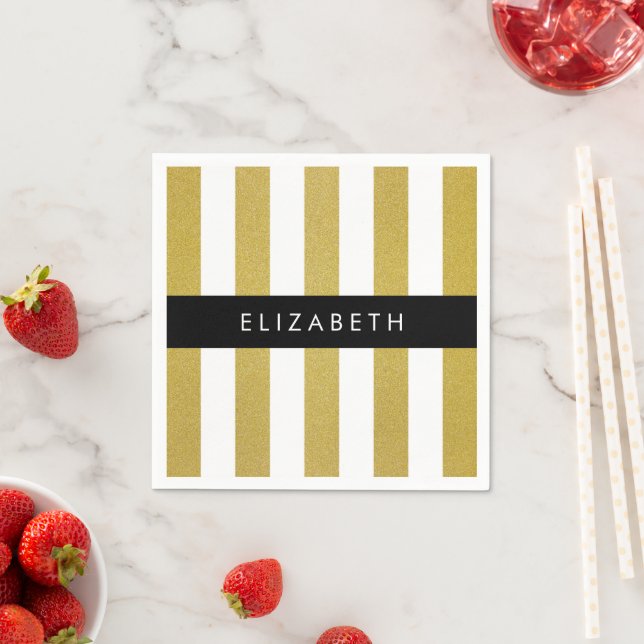 Gold Stripes, Striped Pattern, Lines, Your Name Napkin (Insitu)