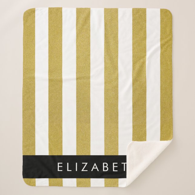 Gold Stripes, Striped Pattern, Lines, Your Name Sherpa Blanket (Front)