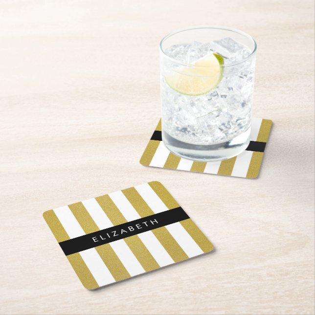 Gold Stripes, Striped Pattern, Lines, Your Name Square Paper Coaster (Insitu)