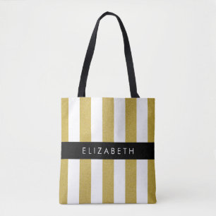 Gold Stripes, Striped Pattern, Lines, Your Name Tote Bag
