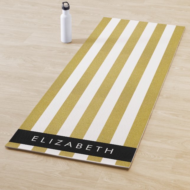 Gold Stripes, Striped Pattern, Lines, Your Name Yoga Mat (In Situ)