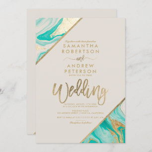 Gold stripes typography turquoise marble wedding invitation