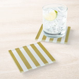 Gold Stripes, White Stripes, Striped Pattern Glass Coaster