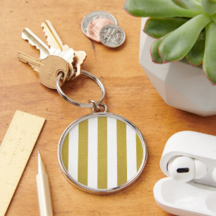 Gold Stripes, White Stripes, Striped Pattern Key Ring