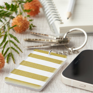 Gold Stripes, White Stripes, Striped Pattern Key Ring