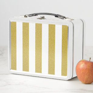 Gold Stripes, White Stripes, Striped Pattern Metal Lunch Box
