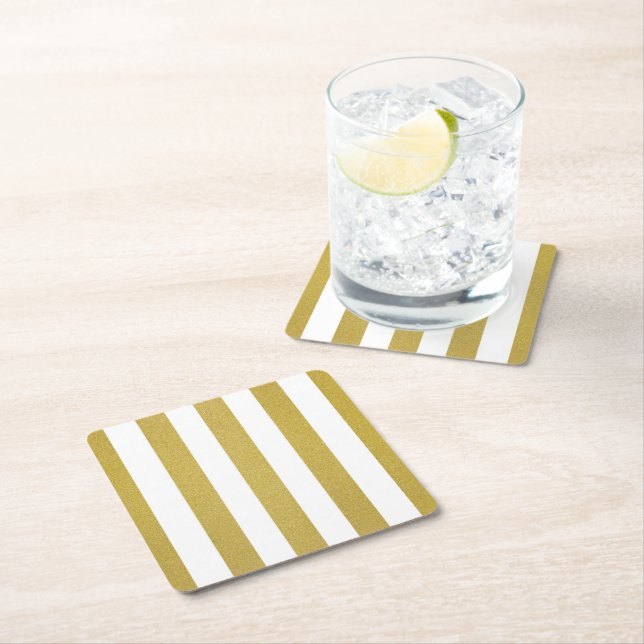 Gold Stripes, White Stripes, Striped Pattern Square Paper Coaster (Insitu)