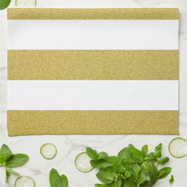 Gold Stripes, White Stripes, Striped Pattern Tea Towel (Folded)