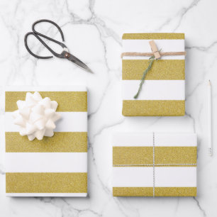 Gold Stripes, White Stripes, Striped Pattern Wrapping Paper Sheet