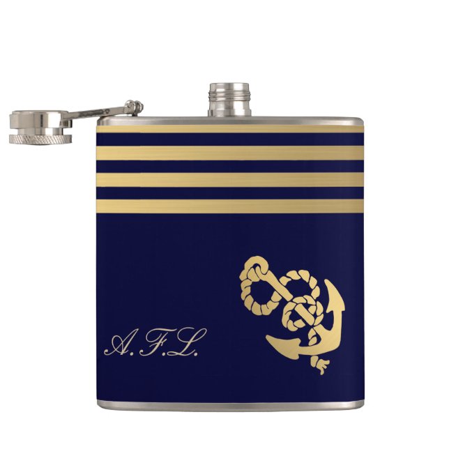 Gold stripes with gold anchor add monogram hip flask (Opened)