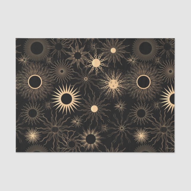 Gold stylised sun sunburst black textured tissue paper (Front)