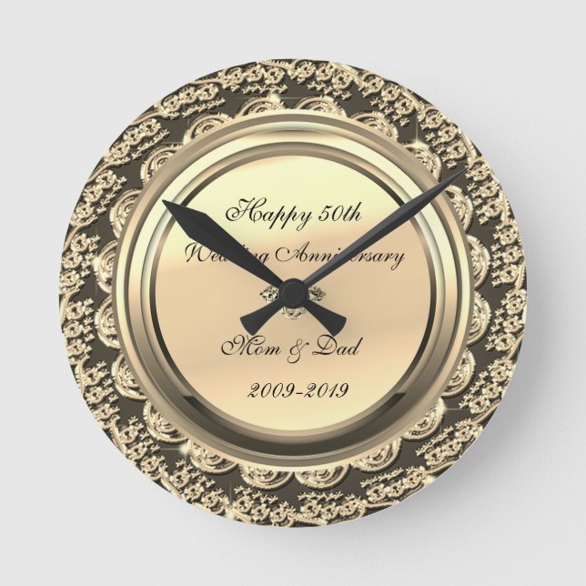 Gold Stylish Diamond 50th Wedding Anniversary Round Clock (Front)