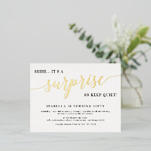 Gold Stylish Foil Script Surprise Birthday Party Foil Invitation Postcard