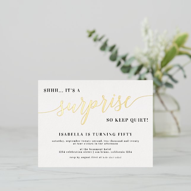 Gold Stylish Foil Script Surprise Birthday Party Foil Invitation Postcard (Standing Front)