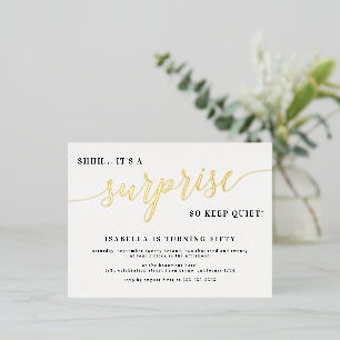Gold Stylish Foil Script Surprise Birthday Party Invitation Postcard
