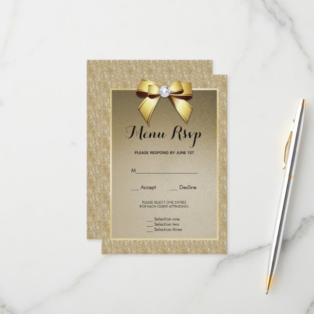 Gold & Stylish Gem Wedding Menu RSVP (Front/Back In Situ)