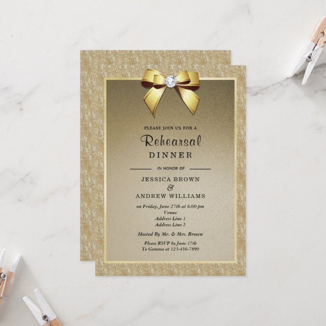 Gold & Stylish Gem Wedding Rehearsal Dinner Invitation (Front/Back In Situ)
