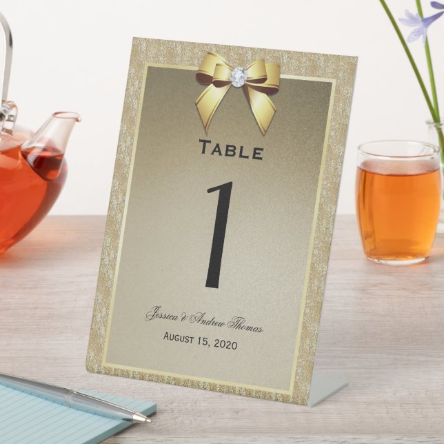 Gold & Stylish Gem Wedding Table Number Pedestal Sign (In SItu)