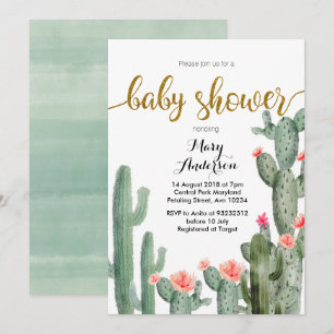 Gold Succulent summer Baby Shower Invitation Pink