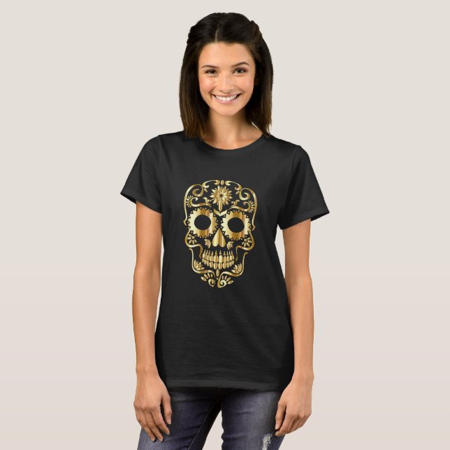Gold Sugar Skull on Black T-Shirt (Front Full)