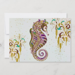 Gold Summer Rainbow Seahorse Glitter Holiday Card