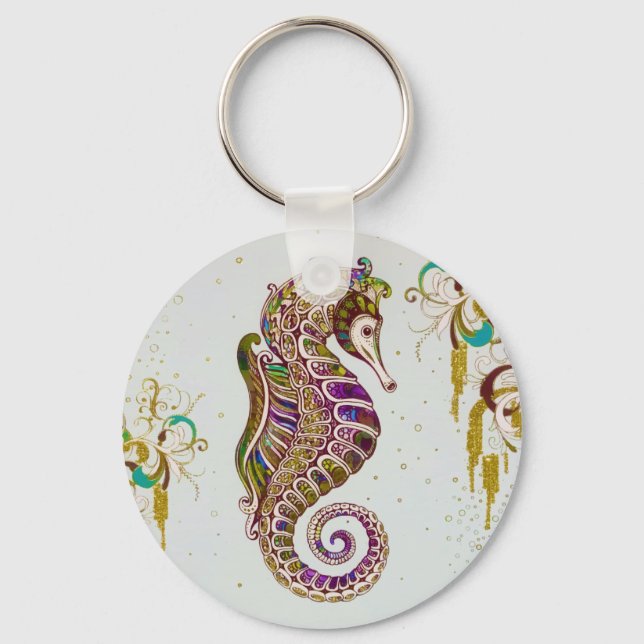 Gold Summer Rainbow Seahorse Glitter Key Ring (Front)